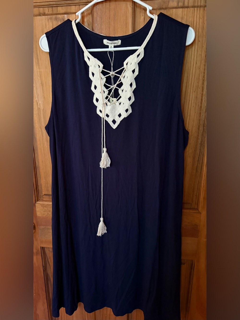 Max Studio Navy Midi Dress with Cream Crochet Tassel V-Neck soft and stretchy